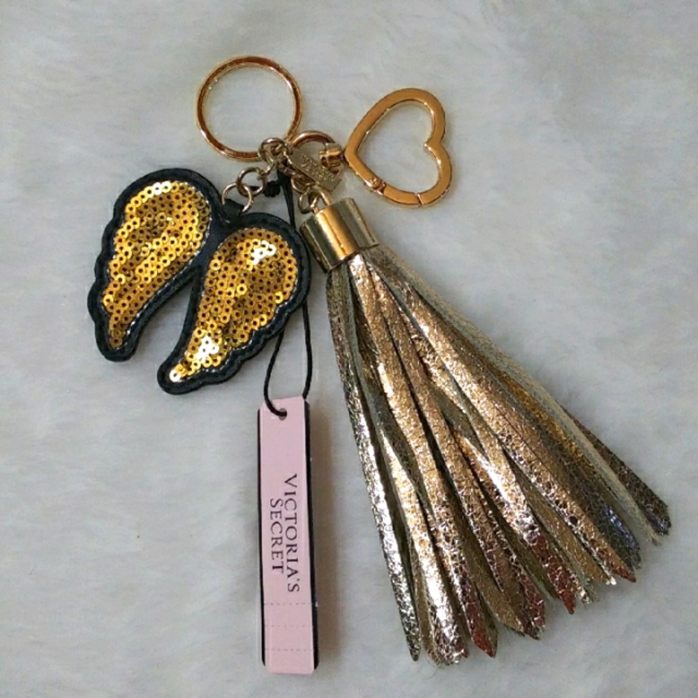 Victoria's Secret Angel Wings Heart Gold Tassel Keychain